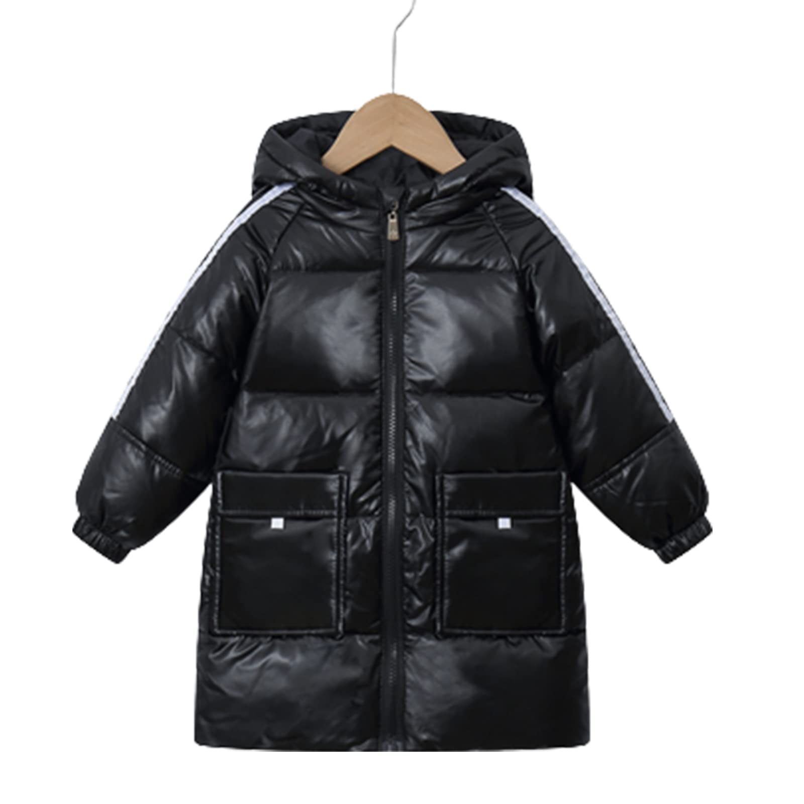 Piumino D'Anatra Bianco per Bambini, Giacca Sportiva di Media Lunghezza da Ragazzo, Giacca Invernale con Cappuccio da Ragazza, Antivento e Calda,Black,15(130CM25KG)