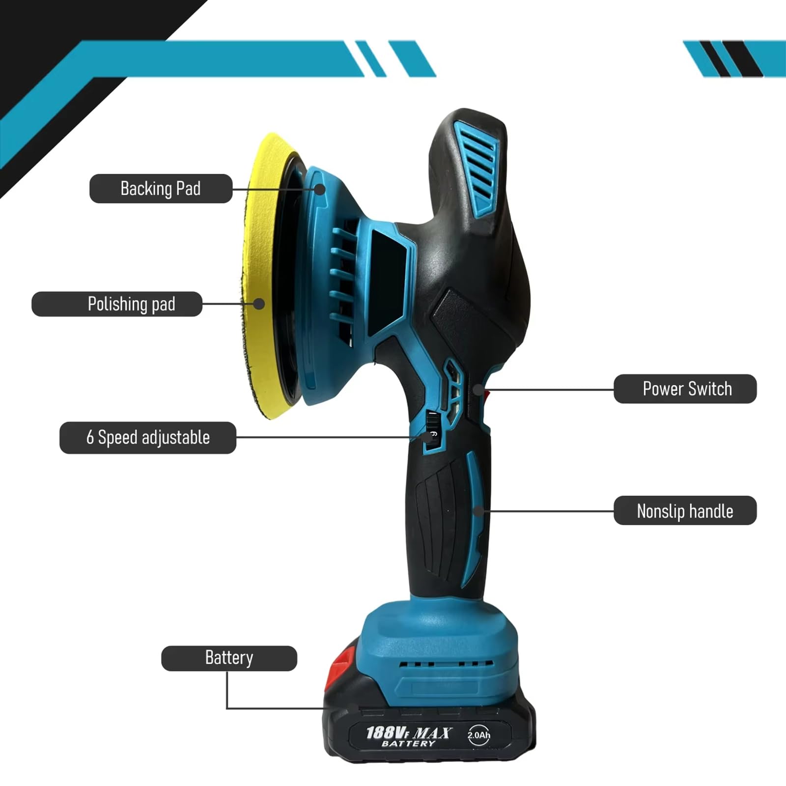 Pulidora de coche para detalles de coche, kit de máquina pulidora profesional de 6 pulgadas, 6 velocidades variables 2500-7000 RPM con placa de pulido de 6 pulgadas, enceradora pulidora inalámbr