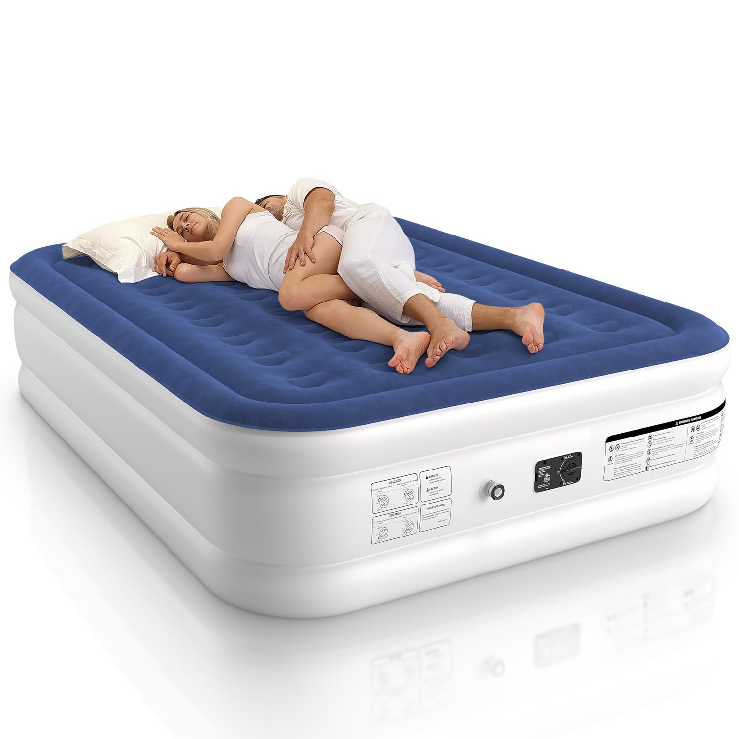 Queen Air Mattress 18 Inches High Air Mattress Queen Air Mattress with Built in Pump Knob Activated 1-3 Minutes Quick Inflate/Deflate for All Indoor and Outdoor Locations Blue & White