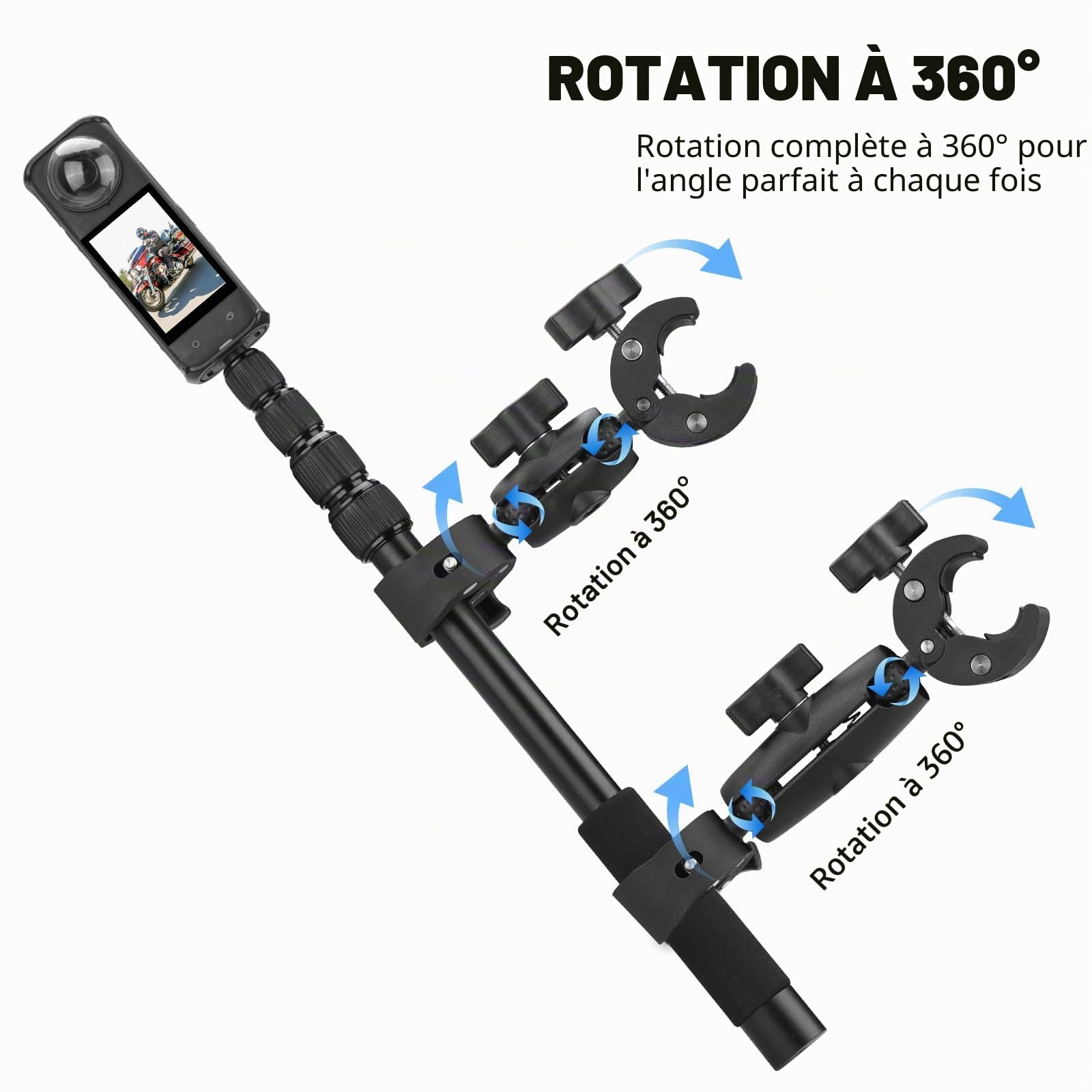 BRDRC Support de moto pour Insta 360 X4 X5, support de serrage de guidon de vélo, kit de perche à selfie invisible de 150 cm pour Insta360 X5 X4 X3 X2 X One, pour DJI OSMO 360, pour accessoires de