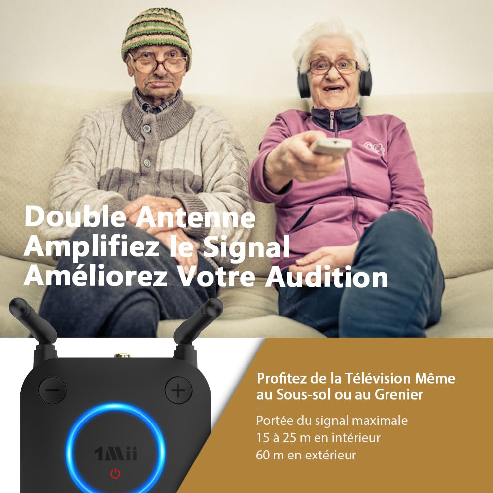 1Mii B06TX Émetteur Audio Bluetooth 5.3 pour TV, Transmetteur Adaptateur Bluetooth pour 2 Casques, aptX Faible Latence et HD, Longue Portée, Contrôle du Volume, AUX RCA Optique Coaxiale [Upgraded]