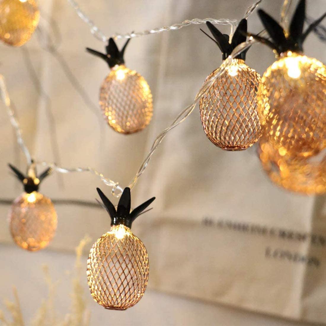 Cadena de luz geométrica de metal, 3,3 m, 20 LED, minimalista, oro rosa, decorativa, luz de cuento de hadas, funciona con pilas, utilizada en la sala de estar, dormitorio, boda, jardín, fiesta
