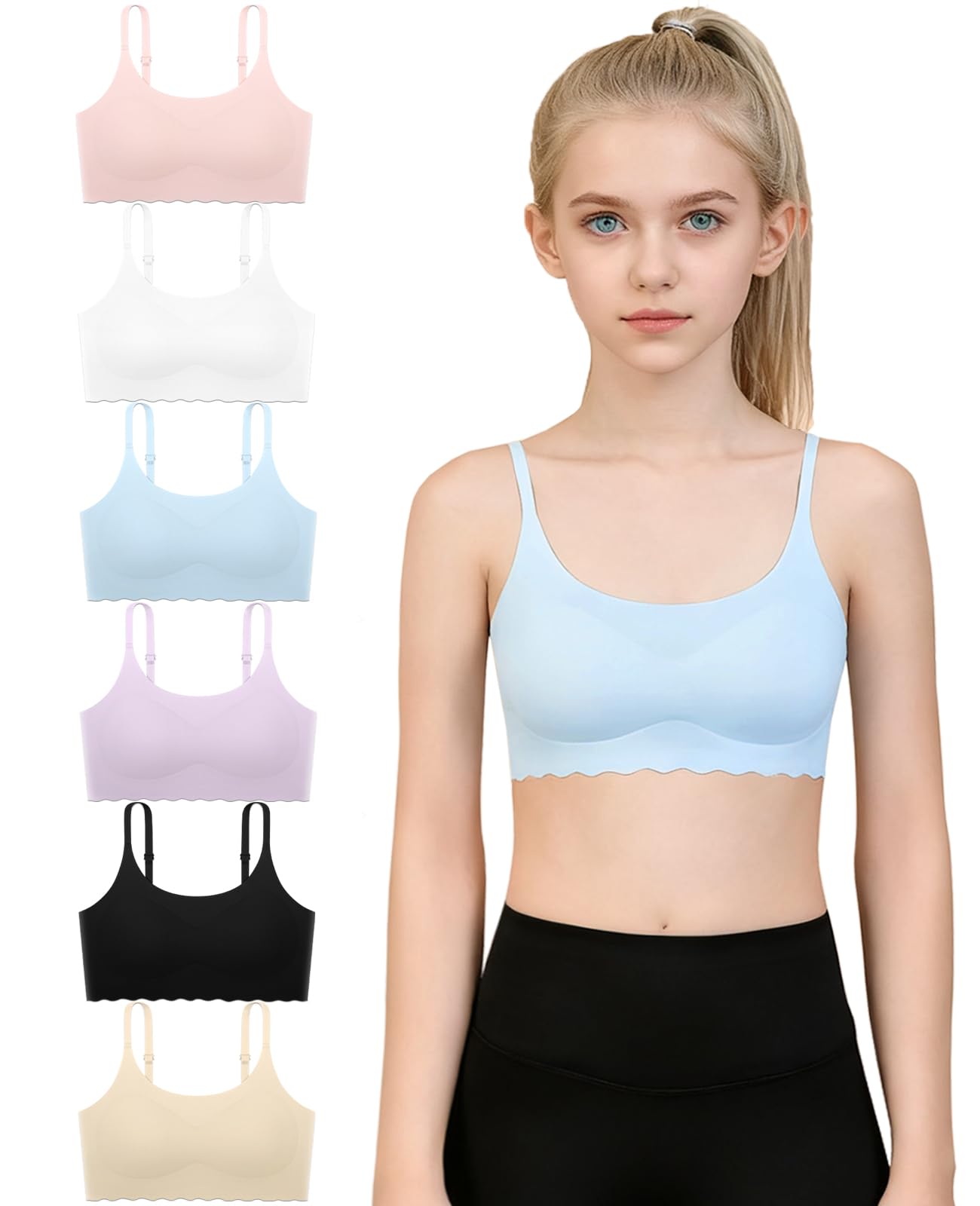 Finihen Teen Girls Seamless Training Bra No Show Sports Bra with Removable Padding Adjustable Strap Multipack