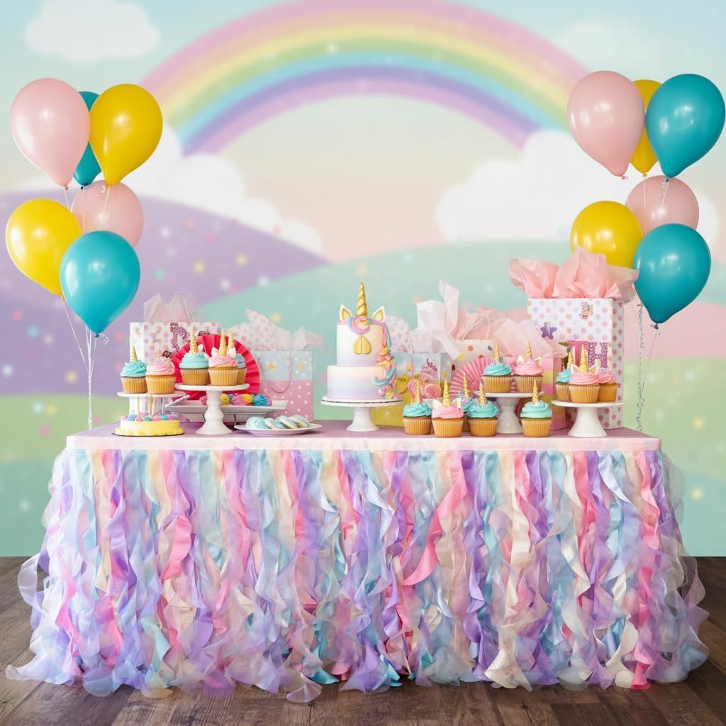 9-foot Rainbow Tulle Tutu Table Skirt Double Layer Satin Willows with Glossy Organza - Birthday Party Decorations for Unicorn and Mermaid Parties, Baby Showers, Weddings | Rectangular and Round Tables