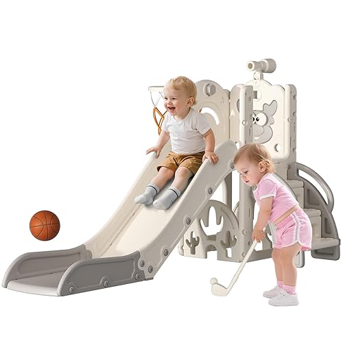 BIERUM Tobogán para niños pequeños, 6 en 1, para interiores y exteriores, con aro de baloncesto, juego de golf y telescopio, juego de escalador en
