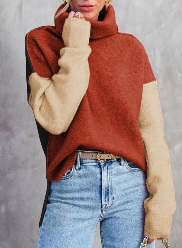 Dokotoo Womens Turtleneck Sweaters Casual Long Sleeve Color Block Side Slit Pullover Knit Jumper Tops - Image 6