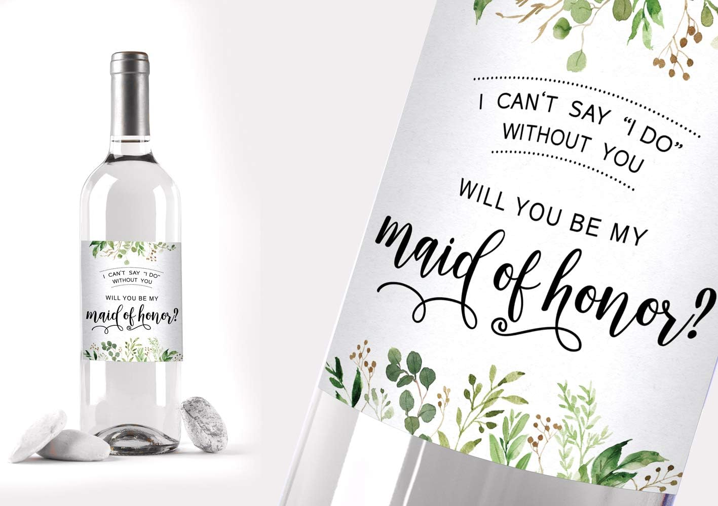 Printed Party Bridesmaid Proposal Wine Bottle Label Gift, Greenery, Set of 8