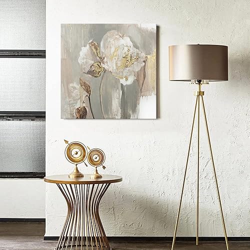 Miniatura 3 de Goldfoilart Arte floral para pared, cuadros dorados de lienzo de flores blancas con adornos de lámina dorada, póster texturizado enmarcado para sala
