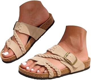Women's Cork Footbed Sandals Double Adjustable Buckle Slip On Slides Open Toe Loop Sandal Summer Shoes Platform Thong Sandals for Women Comfort Fashion Casual Braided Beach Slippers