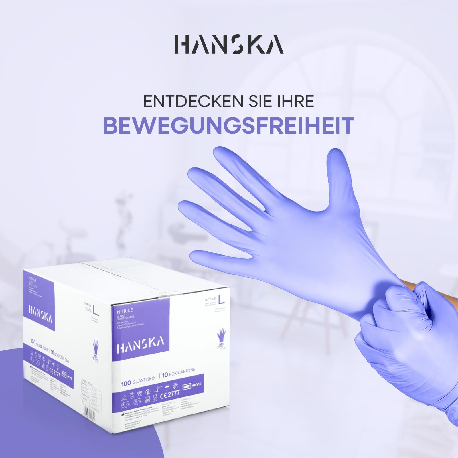 HANSKA 1000 violette Nitril-Einweghandschuhe – puderfrei – Einweg – beidhändig – nicht steril – Gummibasis – geeignet für medizinische Bereiche, Handhabung von Lebensmitteln (1000, L)