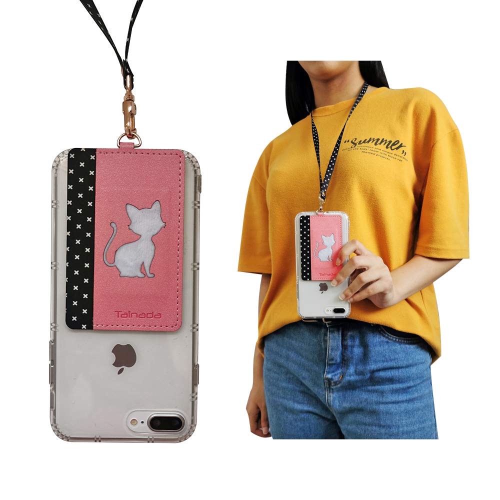 Tainada Stick On Adhesive PU Leather Animal Silhouette Wallet Cash ID Credit Card Holder with Detachable Neck Lanyard Compatible with Most Smartphones + One Cord Wrapper (Pink Cat)