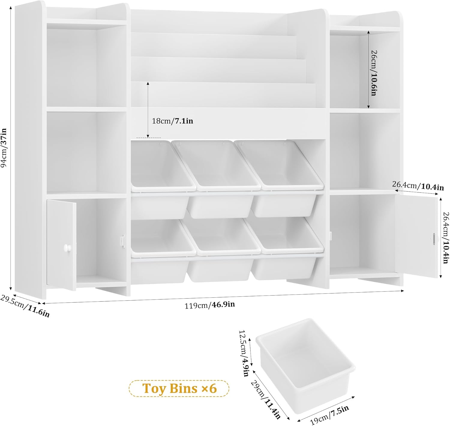 FINETONES Toy Storage Organizer with 6 Toy Bins, Toy Organizer Kids Bookshelf with 6 Cubbies, Toy Organizers and Storage Bins Playroom Storage for Kids Room, White