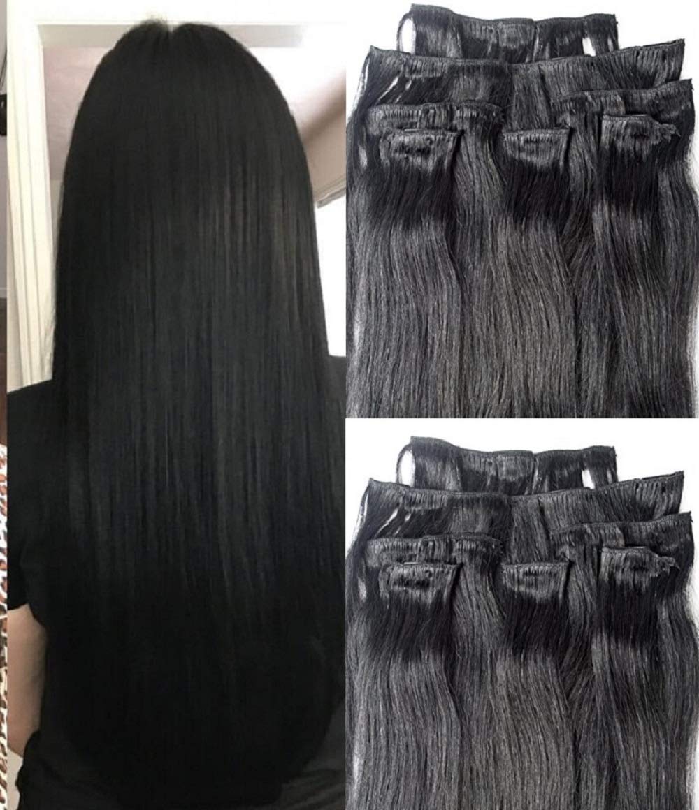 Hair Faux You 18" Clip in Hair Extensions Real Human Hair 80g Clip on for Full Head 7 pieces, 14 clips, Silky Straight Weft Remy Hair Color #1 Jet Black