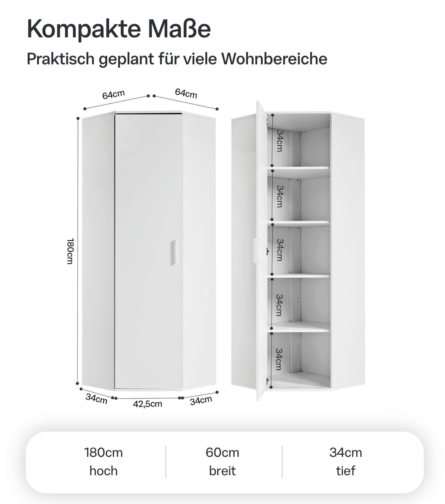 mokebo Mehrzweckschrank Eckschrank (64x180 cm) 'Der Lange' Made in Germany aus Holz Aktenschrank für Flur oder Büro Allzweckschrank Vorratsschrank Weiß