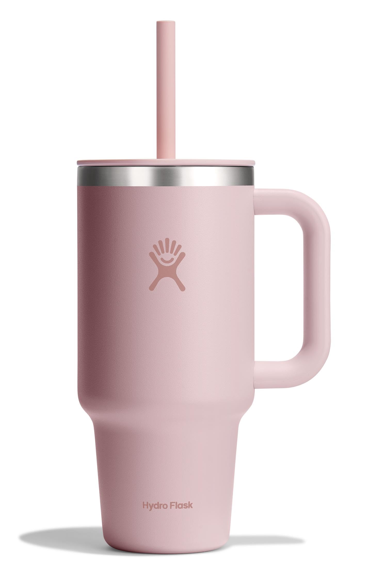Hydro Flask Travel Tumbler with Handle, Lid and Straw - Insulated Stainless Steel in 32 Oz Tonal Trillium Pink
