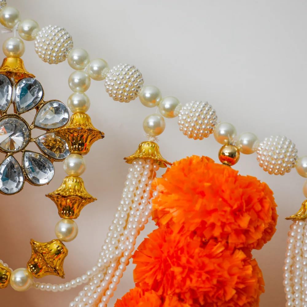 Pearl & Stone Made Toran | Artificial Flowers Toran with White Gold Moti | Home Door Hanging, Living Room, Bandanwar, Wedding, Diwali, Pooja, Mandir Decor & Indian Housewarming Gift - 3 Ft (Pack of 1)