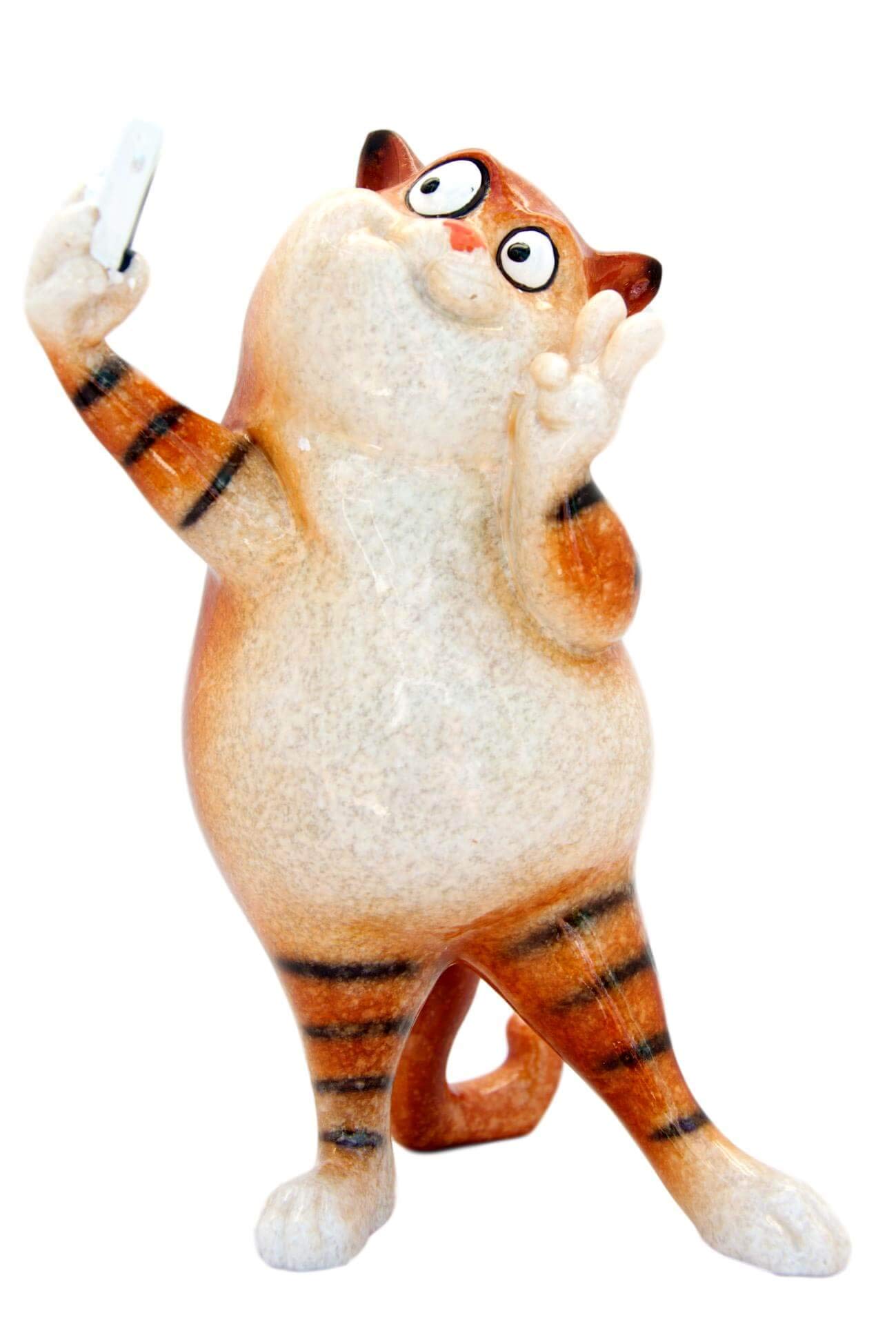 Selfie Ginger Fat Cat figurine chat roux potelé statuette humour décoration