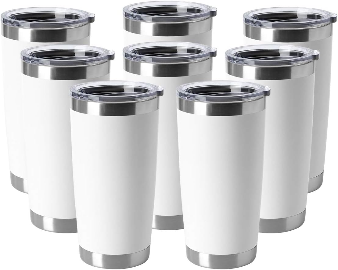 Sponsored Ad - HASLE OUTFITTERS 20oz Tumblers Bulk Stainless Steel Cup with Lid Double Wall Vacuum Insulated Coffee Mug for Cold & Hot Drinks 8 Pack, White