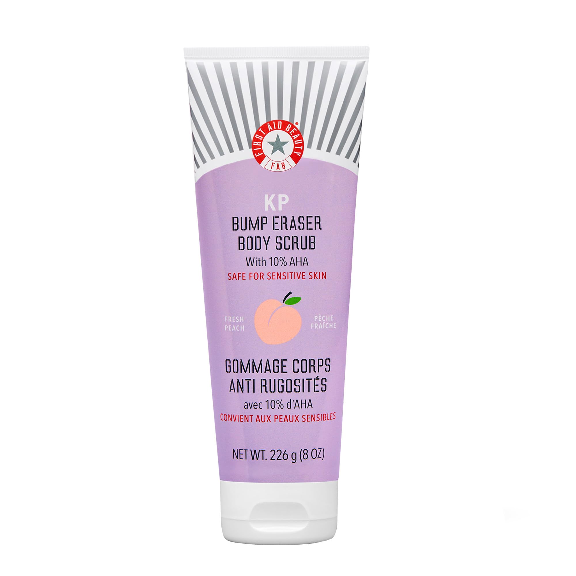First Aid Beauty - KP Bump Eraser Body Scrub with 10% AHA, Keratosis Pilaris Exfoliator with Glycolic and Lactic acids, Helps Reduce Chicken Skin Bumps, Safe for Sensitive Skin, Peach Scent (8 oz)