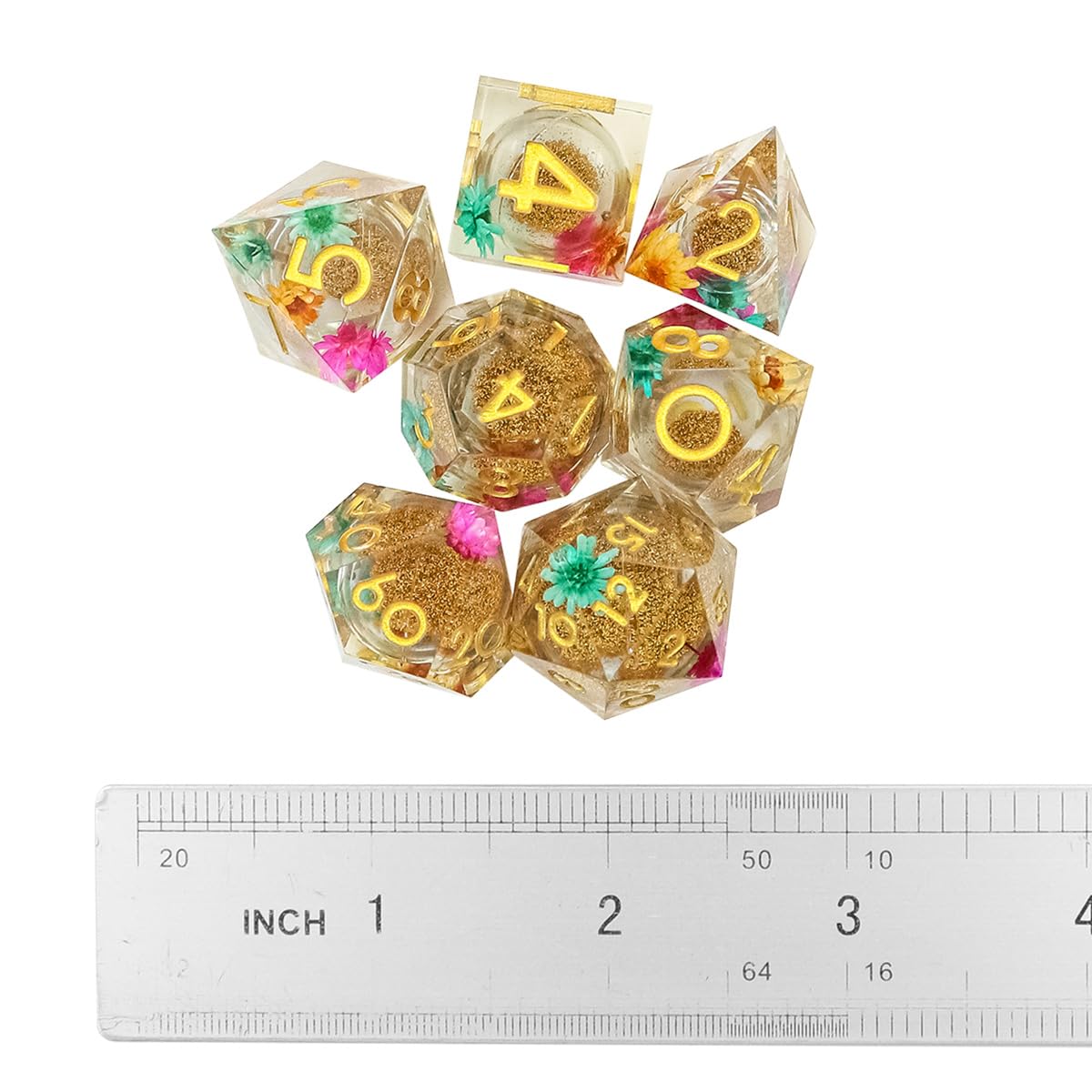 Sarini 7 pezzi di dadi con nucleo liquido in resina dadi con bordi affilati set di dadi DND poliedrici per giochi da tavolo MTG Dungeons and Dragons RPG （Fiore d'oro）
