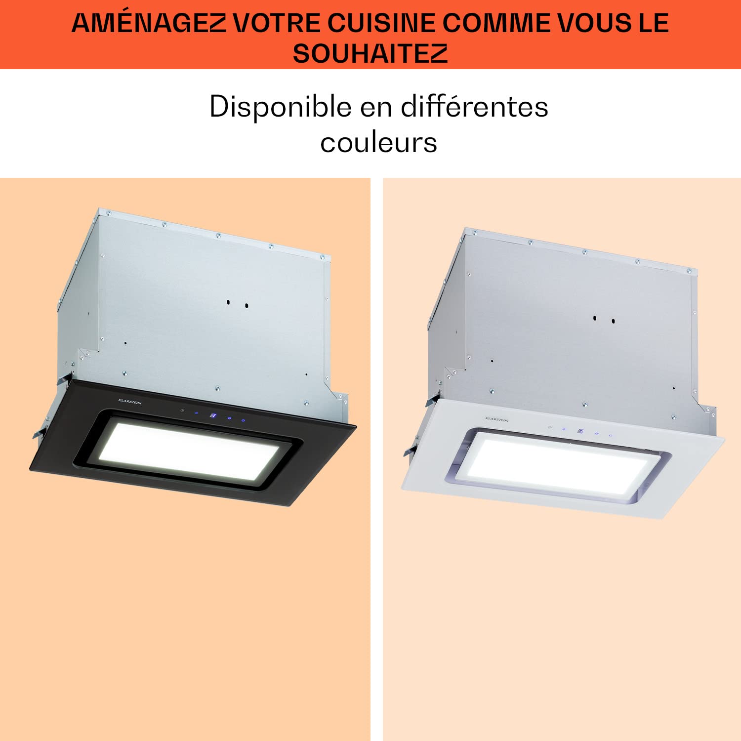 Klarstein Hotte Aspirante Encastrable, Hottes de Cuisine, Filtre de Hotte en Aluminium, Débit d'Air Puissant 506 m³/h et Silencieux, Eclairage à LED, Commandes Tactiles, Hottes Aspirantes Murales
