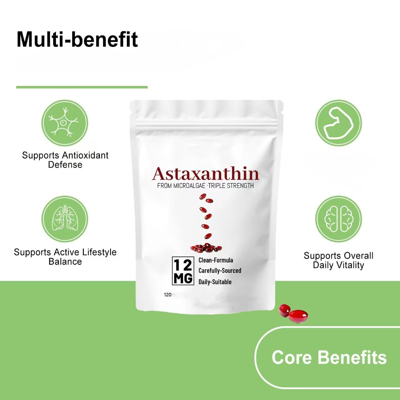 Astaxanthin | Augen-, Haut- und Gelenkunterstützung | Frische Mikroalgenquelle | mit MCT-Öl |für alle (120 Stück),3Pcs