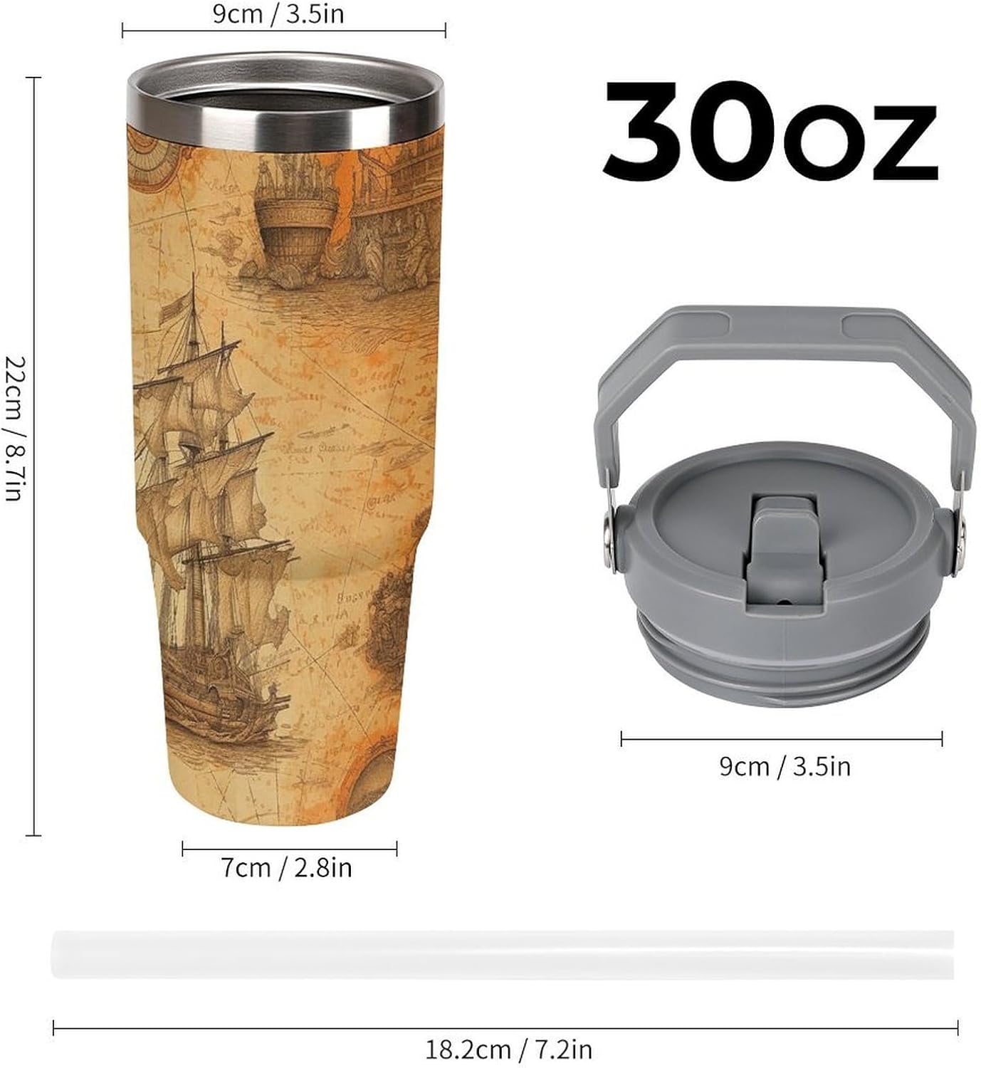 30oz Insulated Tumblers with Top Handle, Stainless Steel Ship And Compass Car Cup with Straw for Gift, Leak-Proof Double Wall Vacuum Travel Mug, Personalized Water Bottles White
