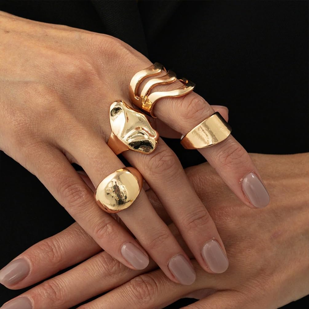 Y2k Chunky Gold Dome Rings Set Stackable for Women Vintage Trendy Statement Thick Silver Irregular Wavy Stack Knuckle Ring Non Tarnish Jewelry Gifts - Image 5