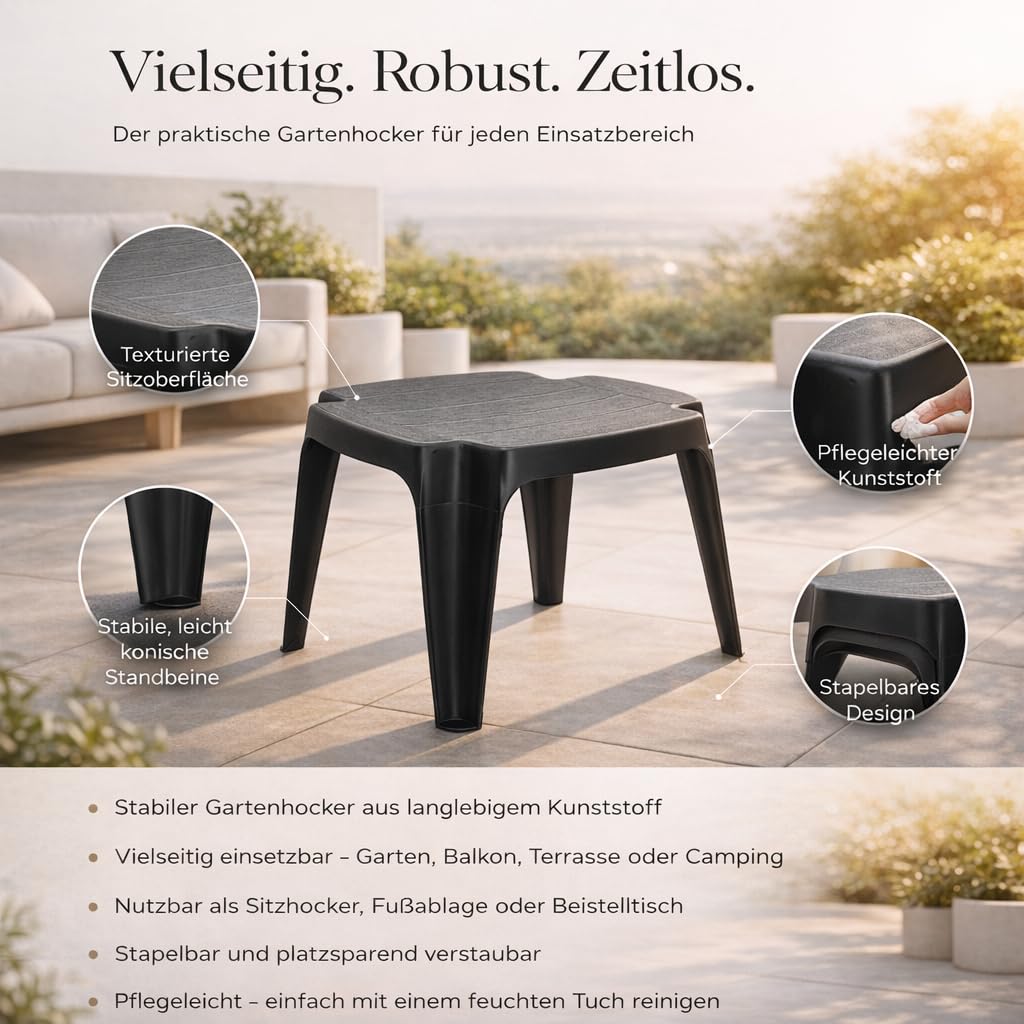Gartenhocker Kunststoff Anthrazit – 4-in-1 Beistelltisch, Sitzhocker & Fußhocker, leicht & stapelbar, wetterfest für Garten, Balkon & Camping (4)