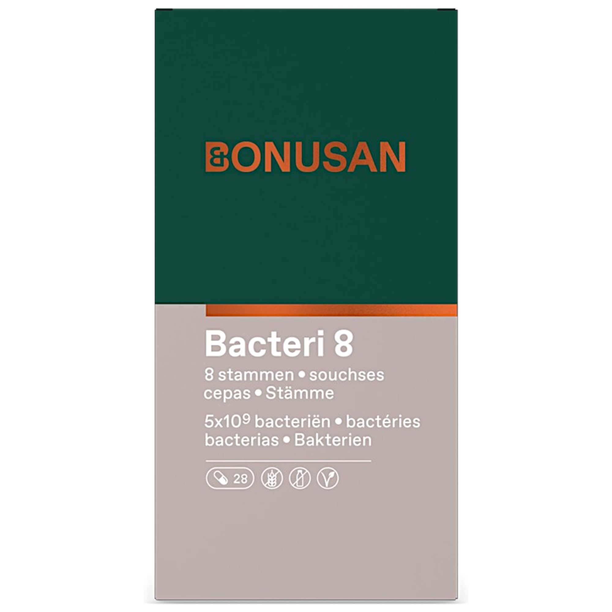 Bonusan Bacteri 8 de 28 Cápsulas - Complejo Probiótico de Amplio Espectro con 8 Cepas Bacterianas Seleccionadas - 5.000 Millones de Bacterias por Cápsula - Salud de la Flora Intestinal y Digestión