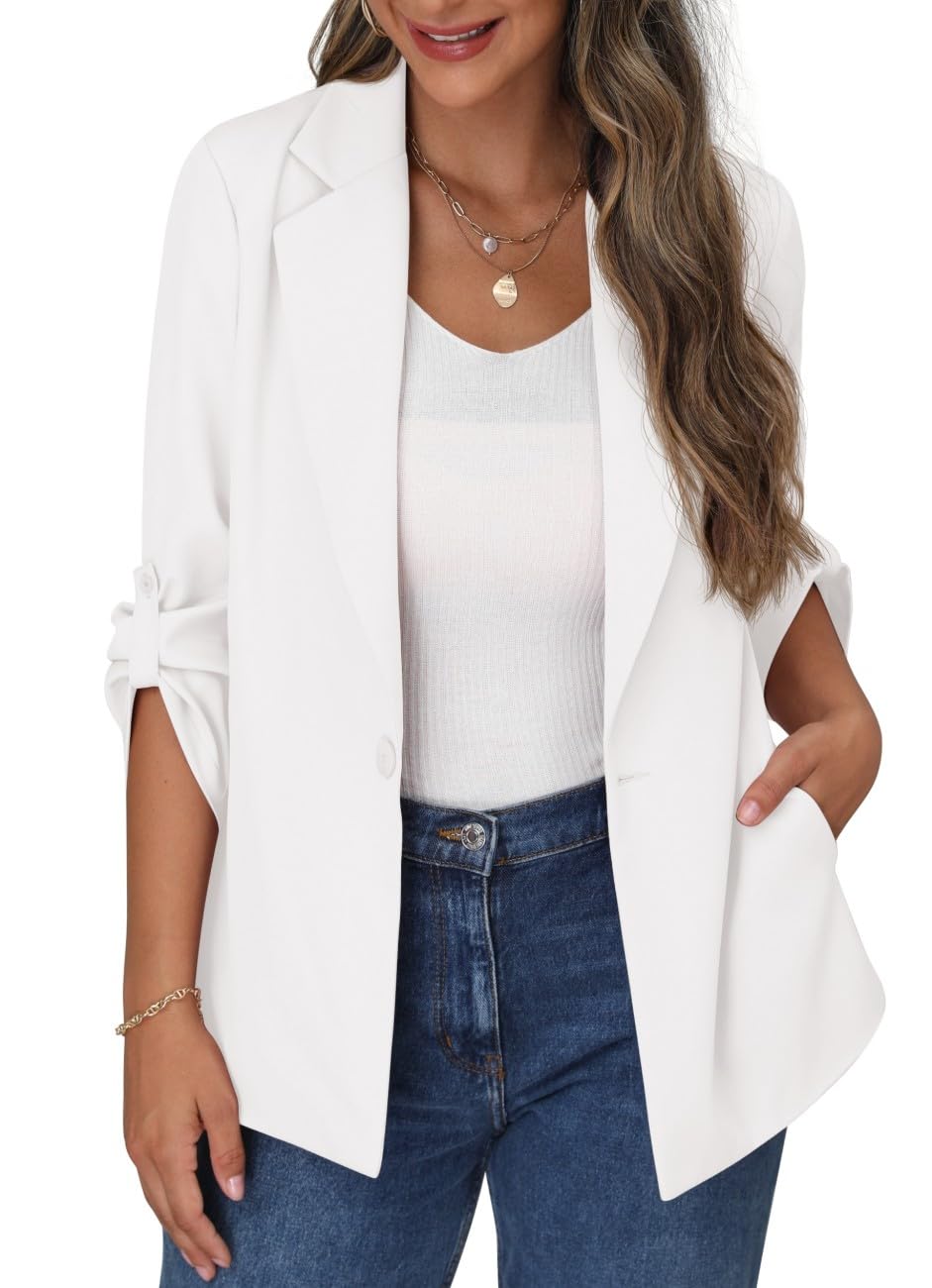 PrinStory Blazer para mujer, manga ajustable, con bolsillos, cuello de solapa, botones frontales abiertos