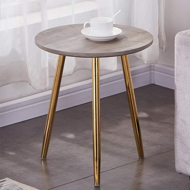 GOLDFAN Retro Wood Side End Table for Sofa Small Round Morden Coffee Table with Gold Metal Legs for Living Room,Oak