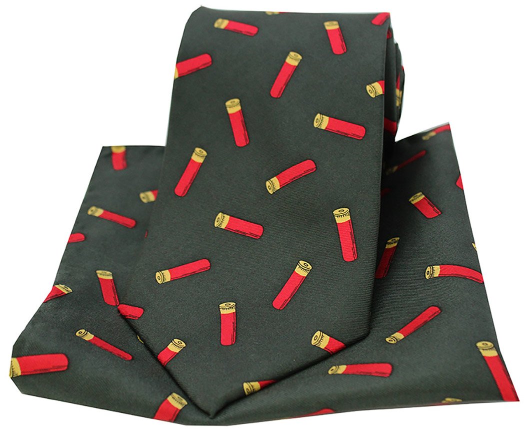 Soprano Shotgun Cartridges On Dark Green Ground Country Silk Tie and Pocket Square