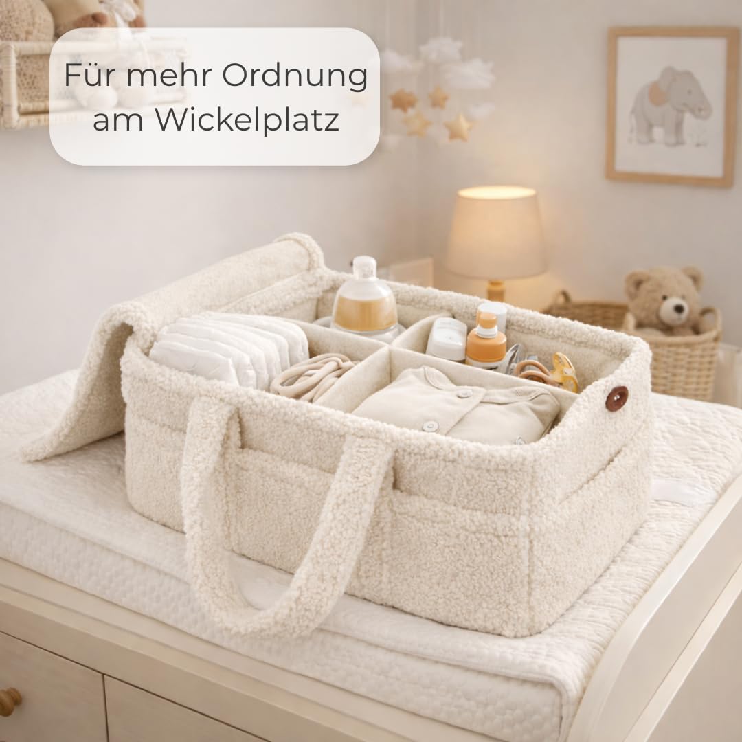 TALIDA Wickelkorb Teddy Set - Wickelorganizer mit Zubehörtasche – Aufbewahrungskorb für Feuchttücher und Babyartikel - Organizer für Wickeltisch und Windeltasche, Feuchtüchertasche (2, Beige) - 5