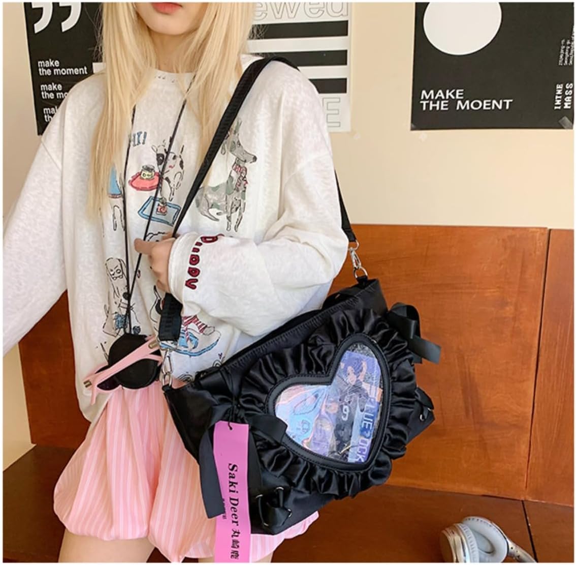 Sweet heart lace design shoulder bag ballet style drawstring messenger bag anime jk itabag bag female