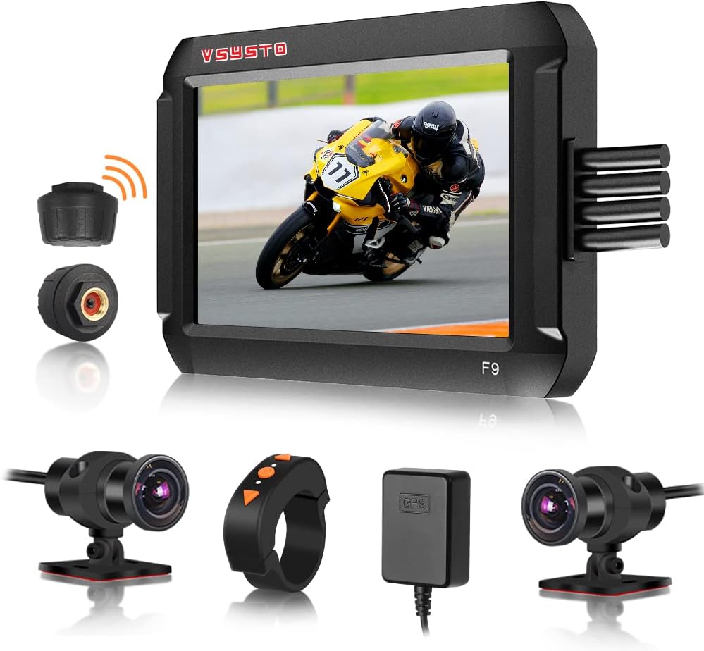 VSYSTO Motorcycle Dash Cam components including main unit, cameras, GPS, wired controller, and tire pressure sensors.