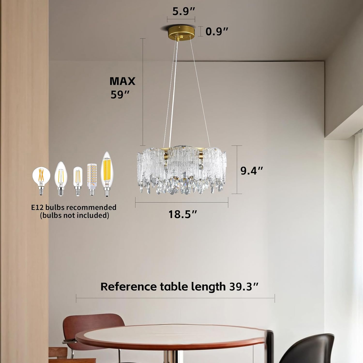 20 inch Gold Chandelier, 6-Light Round Crystal Chandelier, Modern Pendant Light Fixture with Textured Glass for Bedroom Dining Room Kitchen Bathroom Entranway