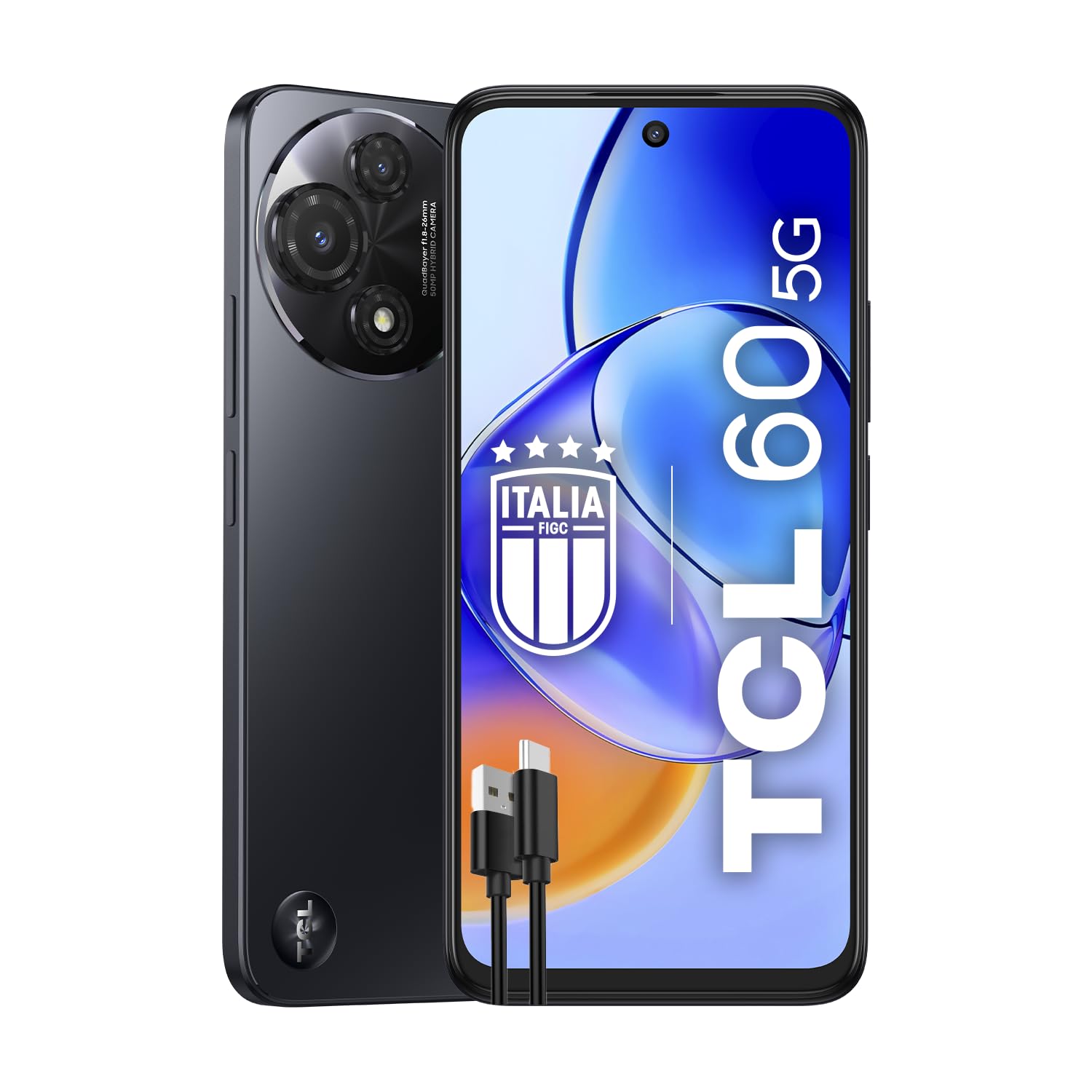 TCL 60 5G, smartfon 5G, wyświetlacz NXTVISION 6,8" 120 Hz HD+, pamięć 16 GB, pamięć 256 GB, podwójny aparat 50 MP z makro + 5 MP UW, bateria 5200 mAh, szybkie ładowanie, kosmos szary + dodatkowy kabel