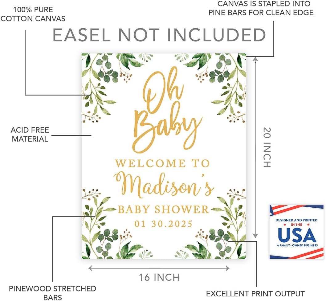 Andaz Press Personalized Large Canvas Baby Shower Welcome Sign, 16 x 20 Inches, Gold and Greenery Leaf Foliage, Guestbook Alternative, Custom Baby Shower Sign