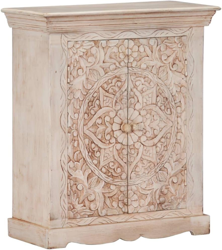 Modern Rustic Mango Wood Sideboard Cabinet, 25.6" x 11.8" x 29.5", Beige, Entryway, 2 Doors, 2 Shelves