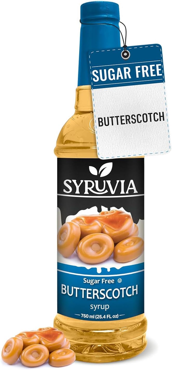 Syruvia Sugar Free Coffee Syrup, Butterscotch Flavored Syrup for Drinks, Lattes, and Desserts – 25.4 fl oz