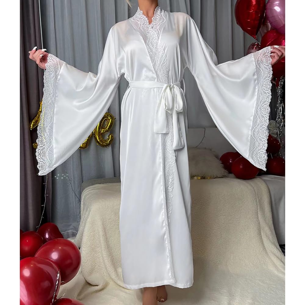 Peignoir Kimono pour Femme Robe de Chambre en Satin à Manches Longues Peignoir de Bain pour Demoiselle D'Honneur Avec Bordure en Ddentelle Vêtement de Nuit Élégant et Léger Idéal pour Un Mariage