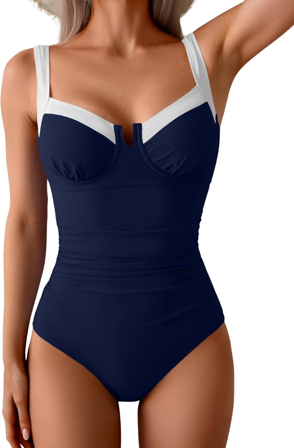 B2prity Women's Underwire One Piece Swimsuits Tummy Control Bathing Suits Push Up Swim Suit Color Block Swimwear Navy Blue, White X-Large