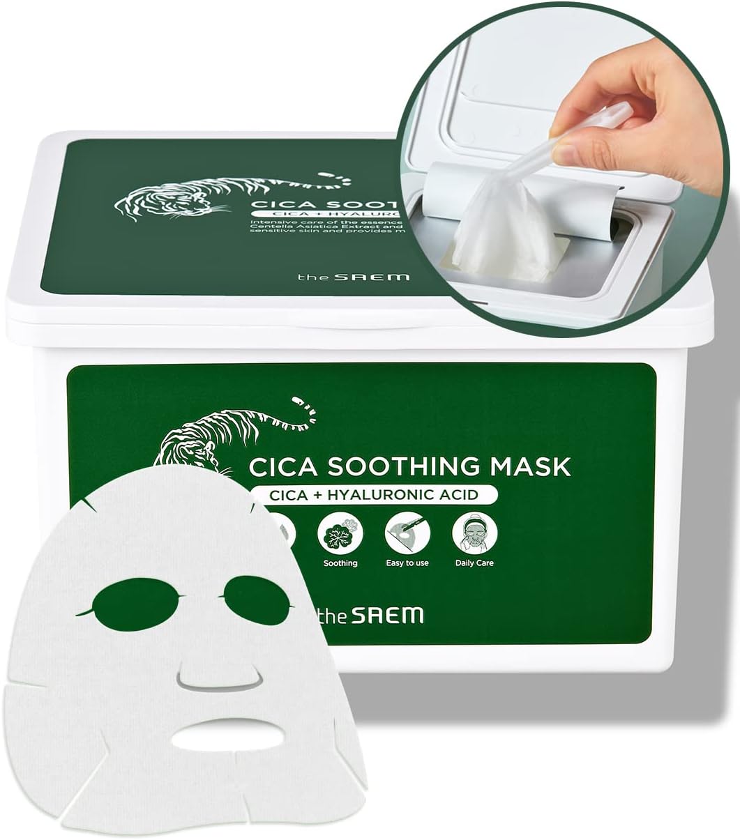 THESAEM Cica Soothing Mask 30ea - Daily Calming Facial Mask Sheet - Centella Asiatica, Hyaluronic Acid, and Panthenol - Moisturizing Essence with Vegan Sheet - Korean Skincare