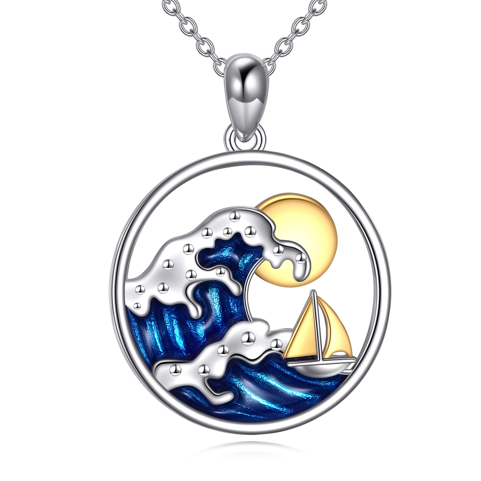 Onda collana in argento Sterling 925 blu oceano ciondolo nave gioielli regalo per uomini donne surfisti, Argento sterling, Nessuna pietra preziosa