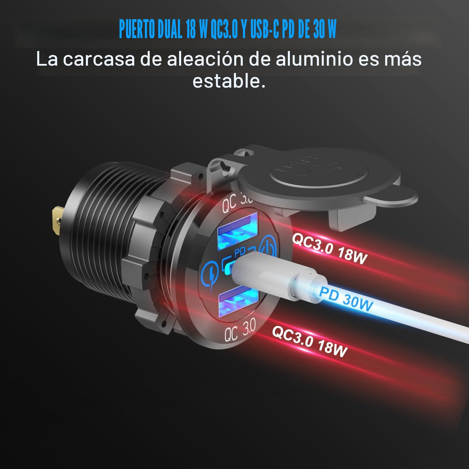 Toma USB de 12 voltios Accesorio RV 12V Marina Panel de Interruptores, Doble PD30W y QC18W Puerto USB Cargador de aluminio, 150W Enchufe del encendedor, Voltímetro azul e interruptor basculante
