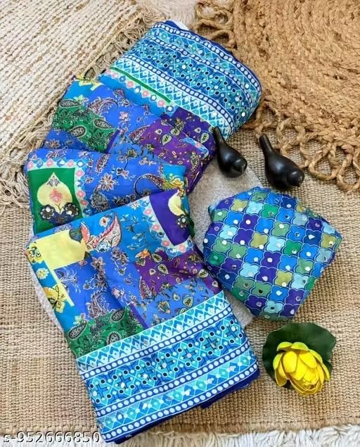 Image of Vragi Women's Multicolor Designer Soft Printed Saree with Mirror Work & Printed Blouse Piece 2