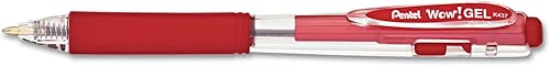 Pentel K437B WOW! Bolígrafo de gel retráctil, 0.028 in, barril trans, tinta roja, docena