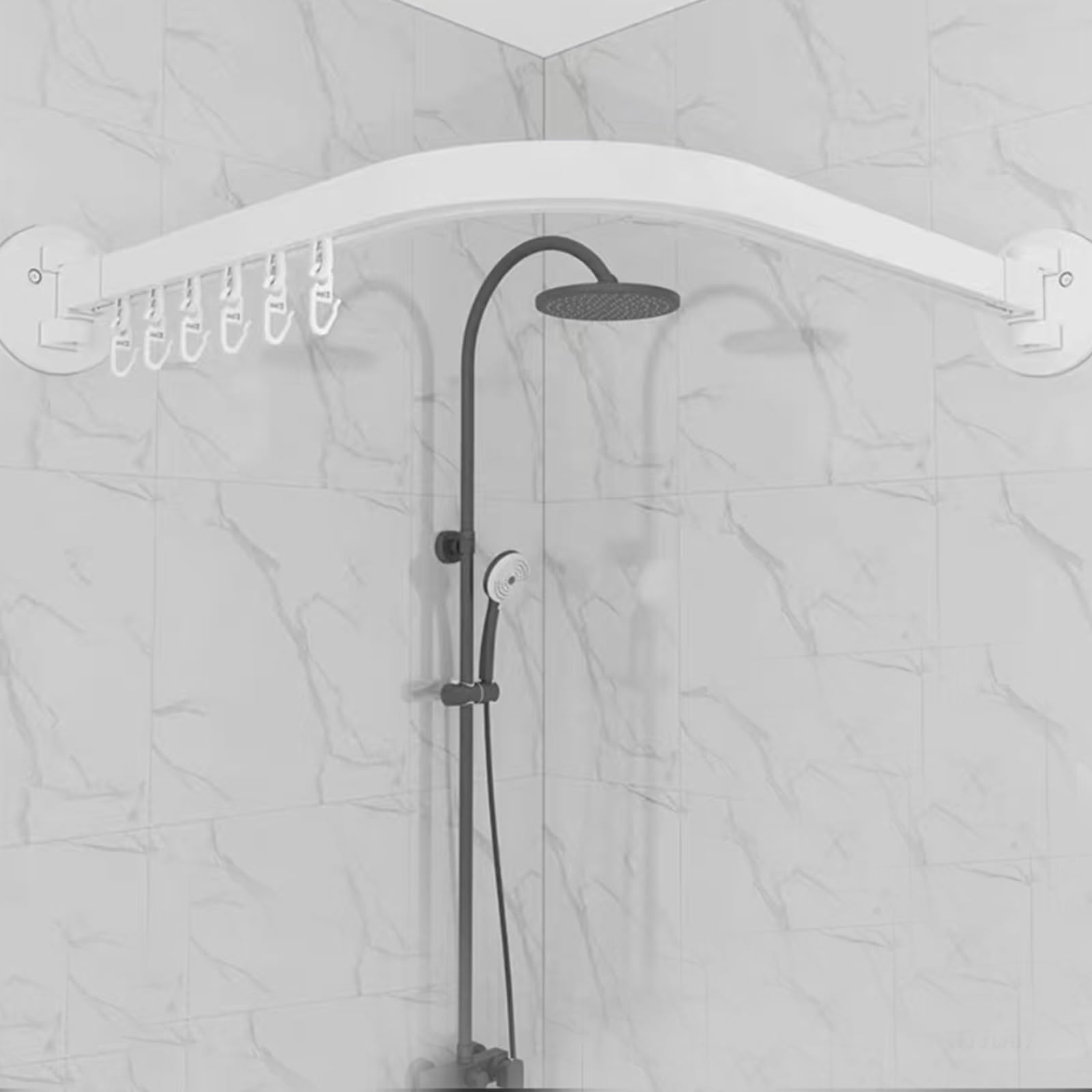 Riel de ducha esquinero ajustable montado en la pared de 55-95 cm x 95-130 cm, diseño curvado con anillos y soporte de techo para bañeras, elegante acabado blanco.