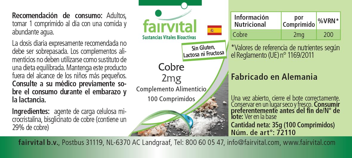 fairvital Compresse di rame 2 mg, ALTO DOSAGGIO, integratore alimentare a base di bisglicinato di rame, vegano, 100 compresse, facili da deglutire